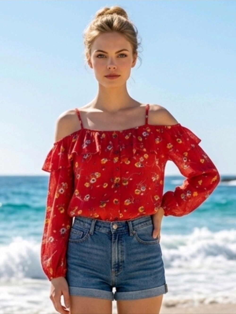 Maurices Red Floral Cold-Shoulder Ruffle Blouse Size Medium. Great Condition - Picture 9 of 16